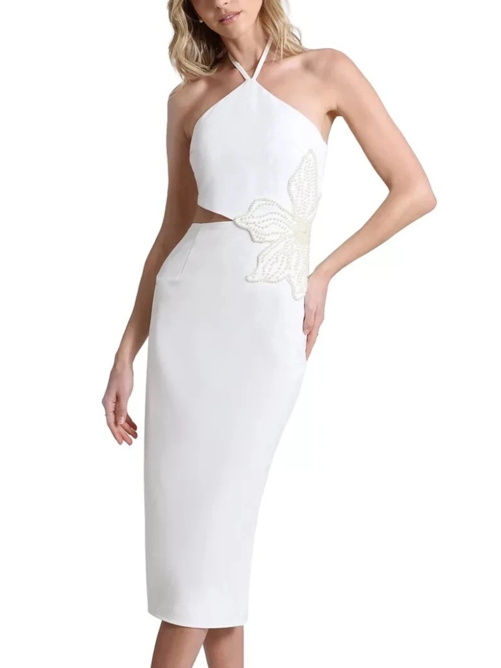 Avec Les Filles Women's Halter-Neck Floral Appliqué Asymmetric Dress White Sz 8